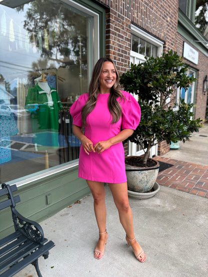 Round Neck Balloon Sleeve Mini Dress - Hot Pink