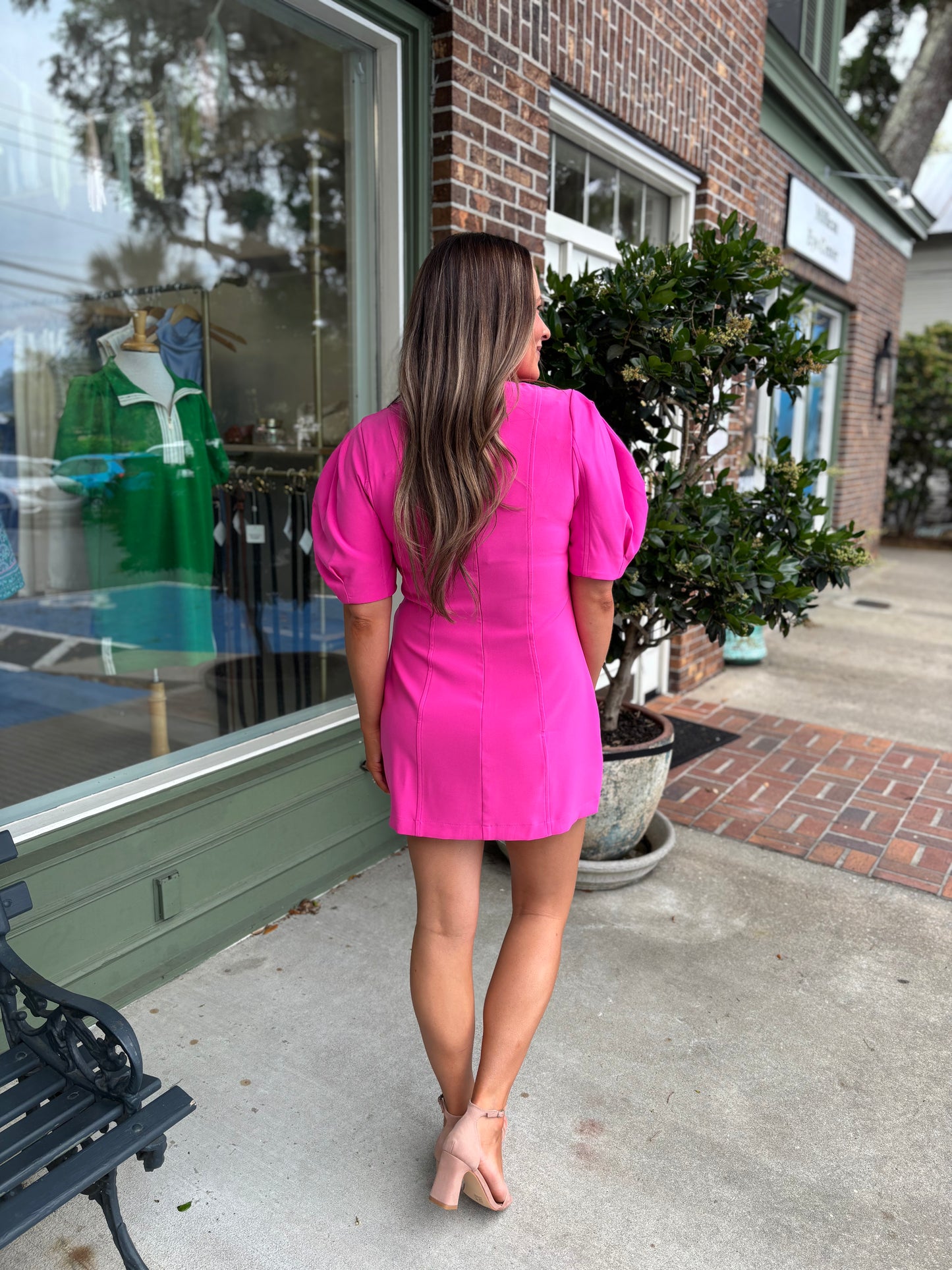 Round Neck Balloon Sleeve Mini Dress - Hot Pink