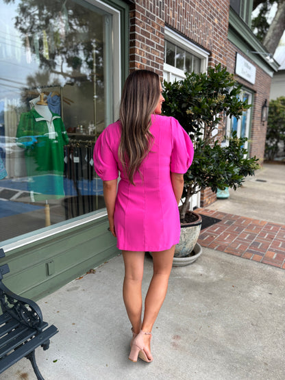 Round Neck Balloon Sleeve Mini Dress - Hot Pink