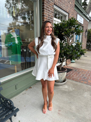 Cowl Neck Sleeveless Mini Dress - White