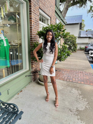 Boat Neck Sleeveless  Mini Dress - Cream