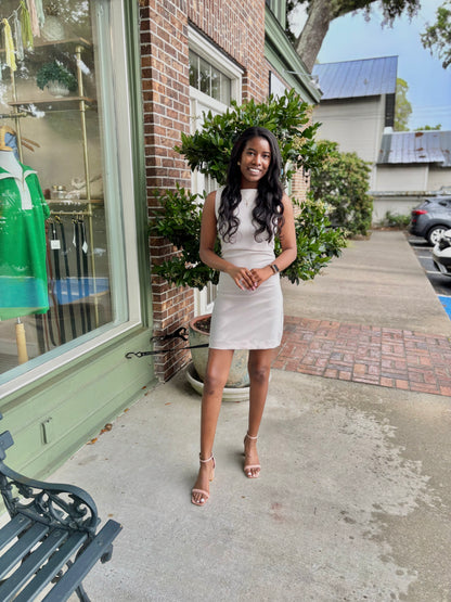 Boat Neck Sleeveless  Mini Dress - Cream