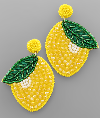 Beaded Lemon & Leaf Earrings