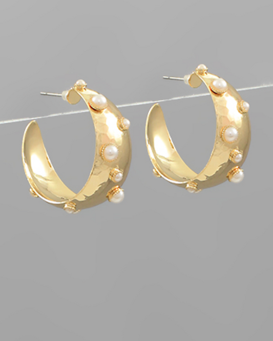 Studded Pearl & Metal Hoops - Gold