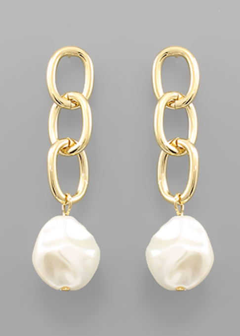 Chain and Pearl Dangle Earrings - Gold