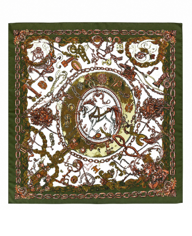 Horse and Chain Print Silky Scarf - Olive