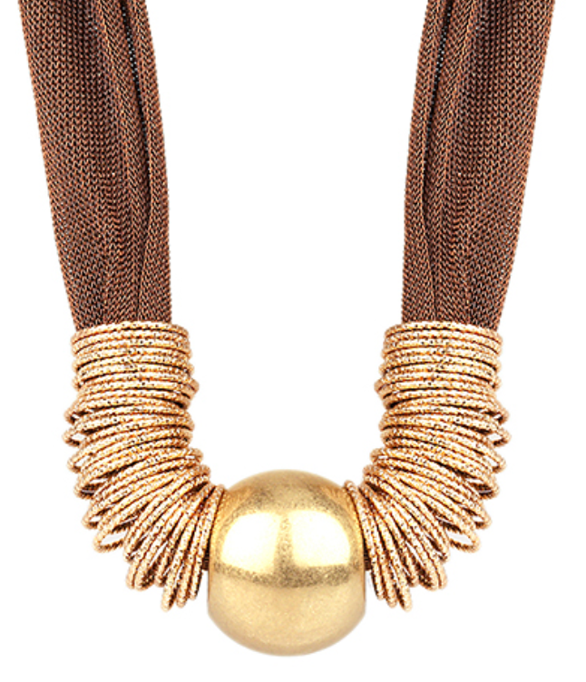 Mesh & Metal Ball Necklace - Brown & Gold