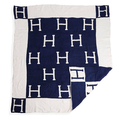Initial Monogram H Patterned Reversible Throw Blanket - Navy