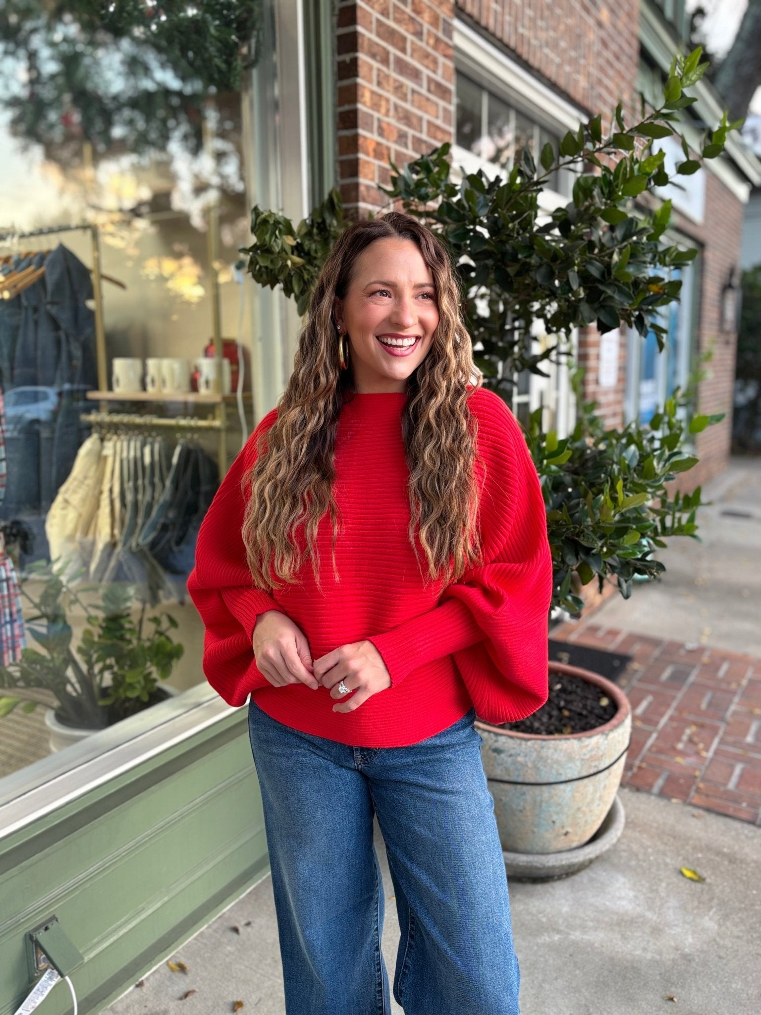 Boat Neck Elegant Ribbed Knitted Loose Sweater - Red - KJ Clothier