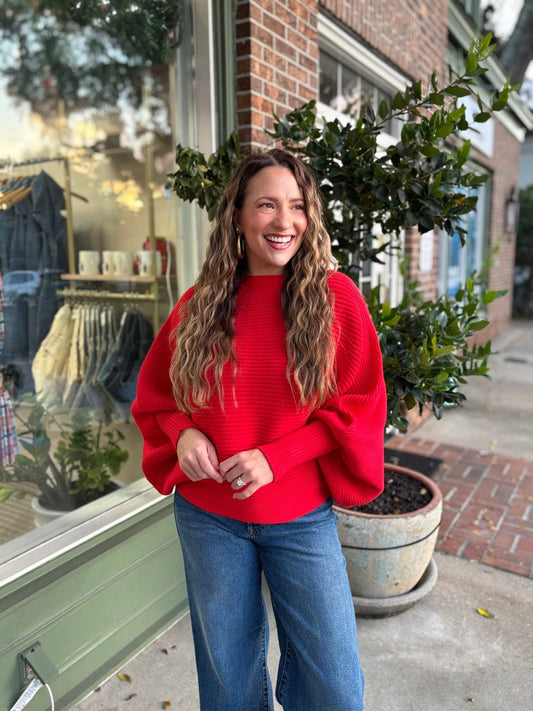 Boat Neck Elegant Ribbed Knitted Loose Sweater - Red - KJ Clothier