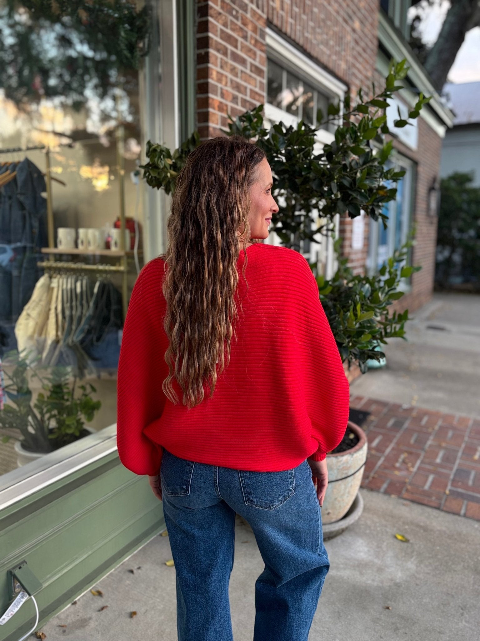 Boat Neck Elegant Ribbed Knitted Loose Sweater - Red - KJ Clothier