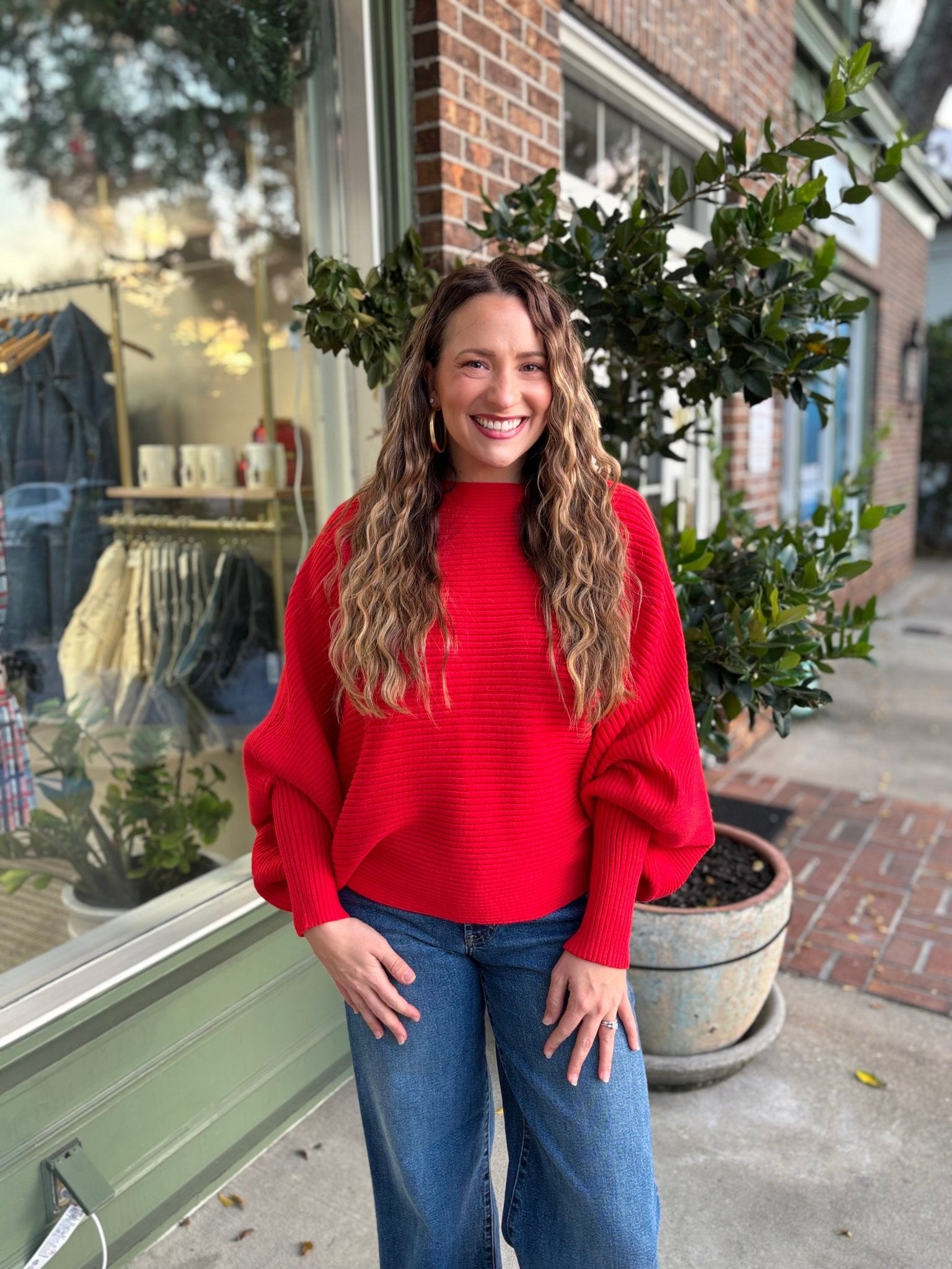 Boat Neck Elegant Ribbed Knitted Loose Sweater - Red - KJ Clothier