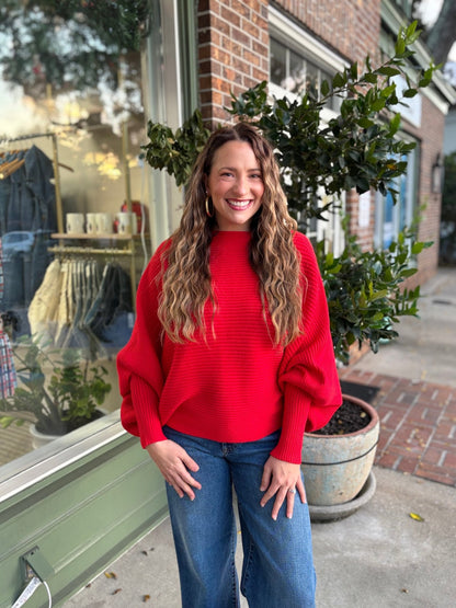 Boat Neck Elegant Ribbed Knitted Loose Sweater - Red - KJ Clothier