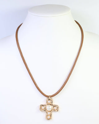 Boone Pearl Cross Cord Necklace - Gold - KJ Clothier