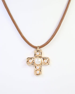 Boone Pearl Cross Cord Necklace - Gold - KJ Clothier