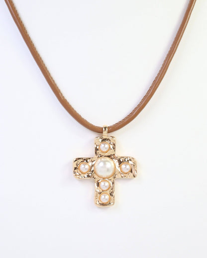 Boone Pearl Cross Cord Necklace - Gold - KJ Clothier