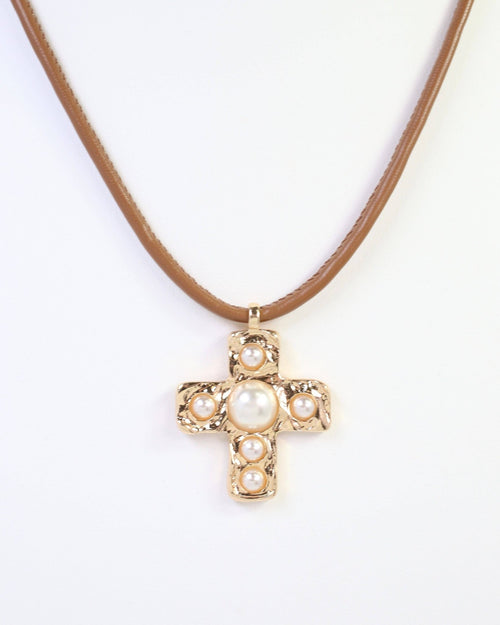 Boone Pearl Cross Cord Necklace - Gold - KJ Clothier