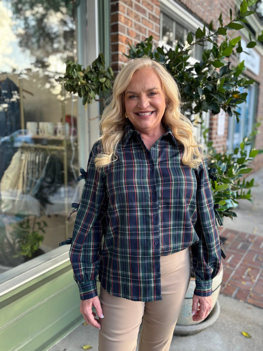 Bow Accent Puff Sleeve Collared Neck Plaid Shirt - Green Plaid - KJ Clothier