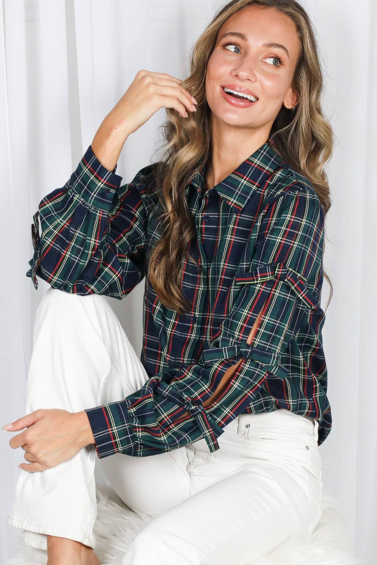 Bow Accent Puff Sleeve Collared Neck Plaid Shirt - Green Plaid - KJ Clothier