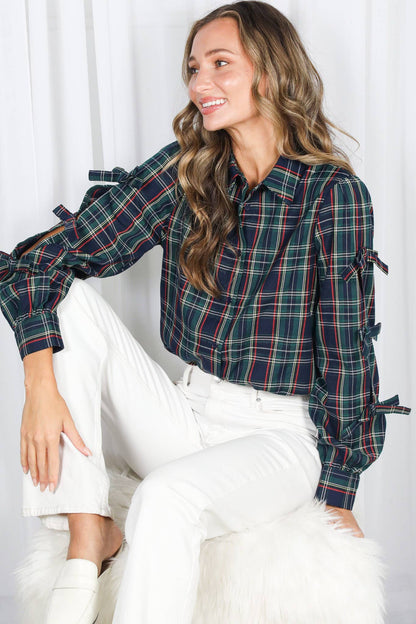 Bow Accent Puff Sleeve Collared Neck Plaid Shirt - Green Plaid - KJ Clothier
