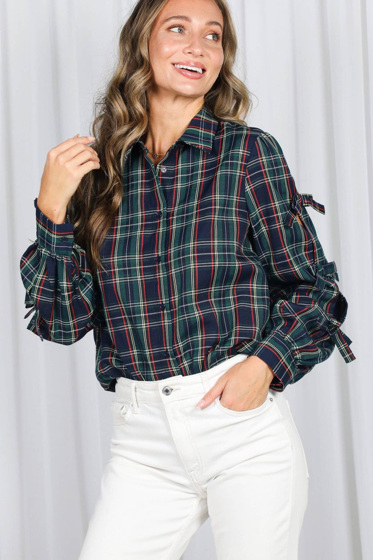 Bow Accent Puff Sleeve Collared Neck Plaid Shirt - Green Plaid - KJ Clothier