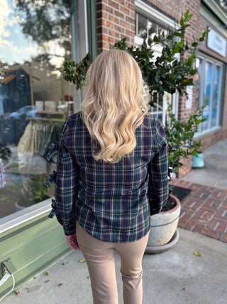 Bow Accent Puff Sleeve Collared Neck Plaid Shirt - Green Plaid - KJ Clothier