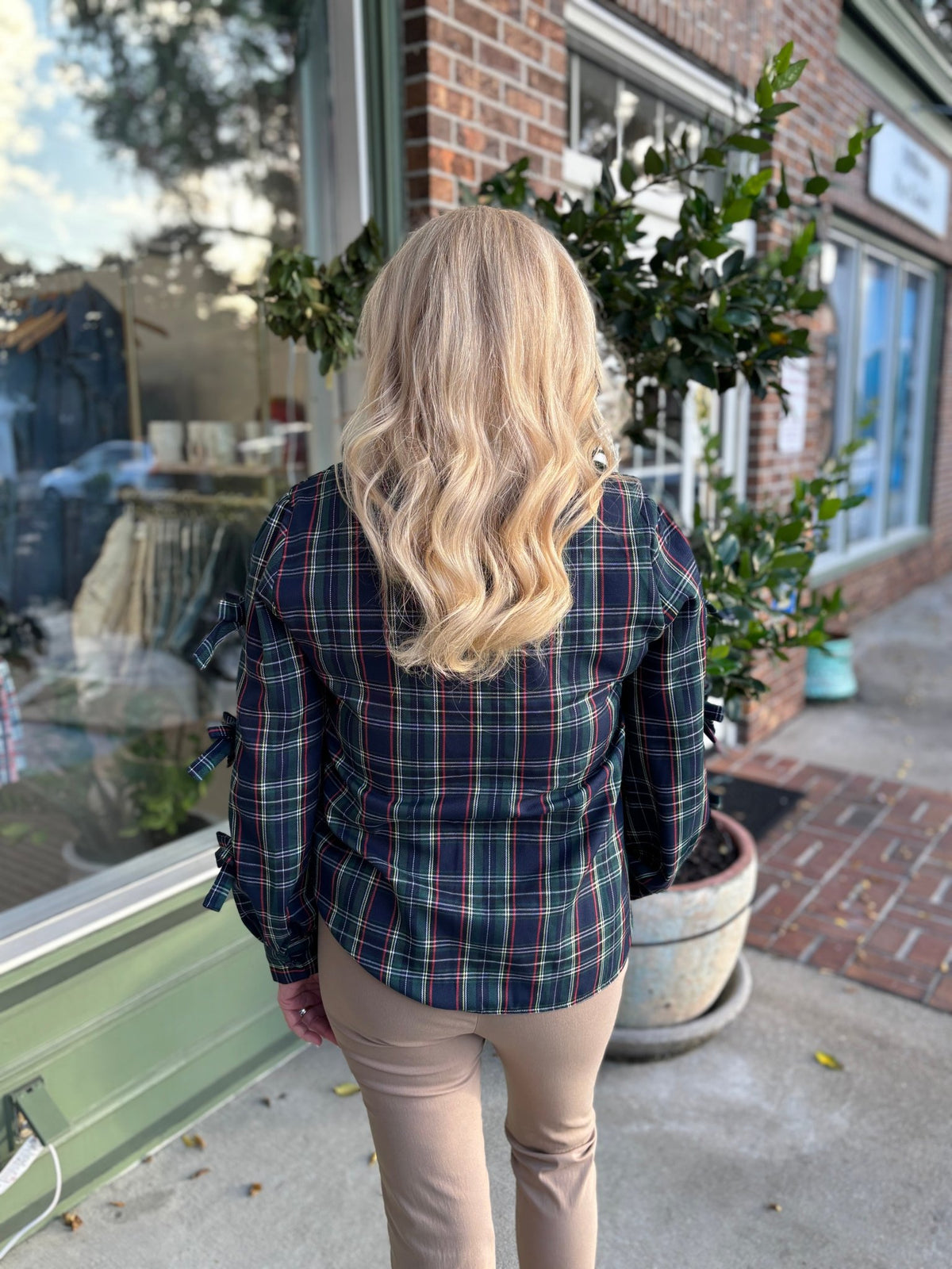 Bow Accent Puff Sleeve Collared Neck Plaid Shirt - Green Plaid - KJ Clothier