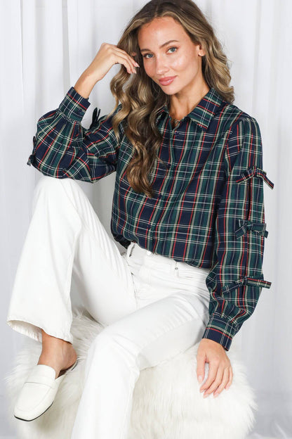 Bow Accent Puff Sleeve Collared Neck Plaid Shirt - Green Plaid - KJ Clothier