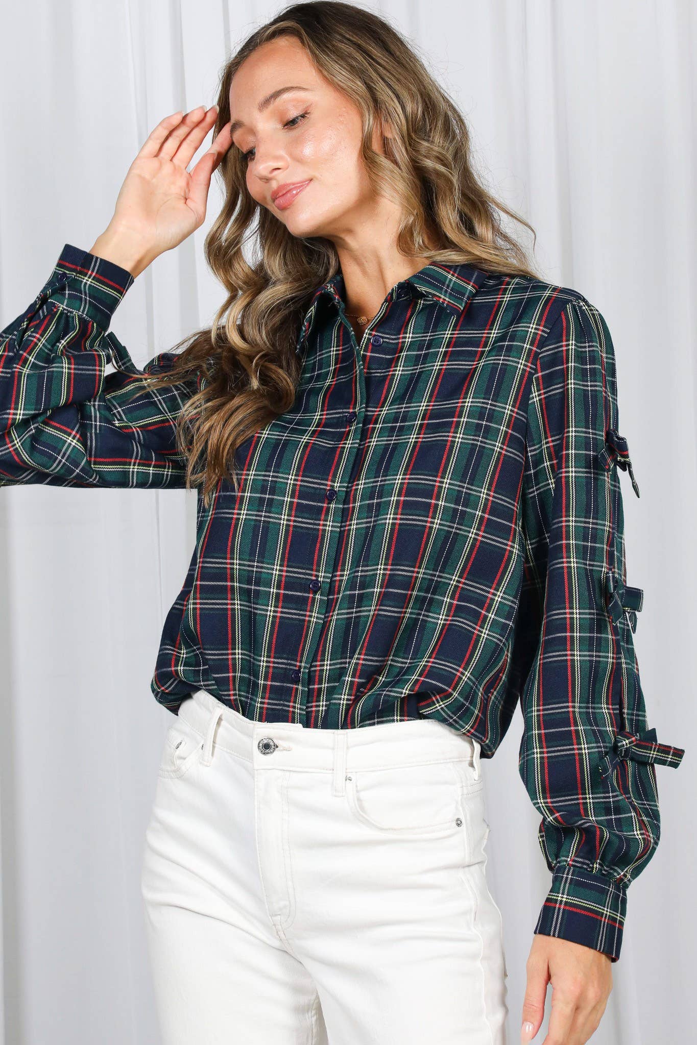 Bow Accent Puff Sleeve Collared Neck Plaid Shirt - Green Plaid - KJ Clothier