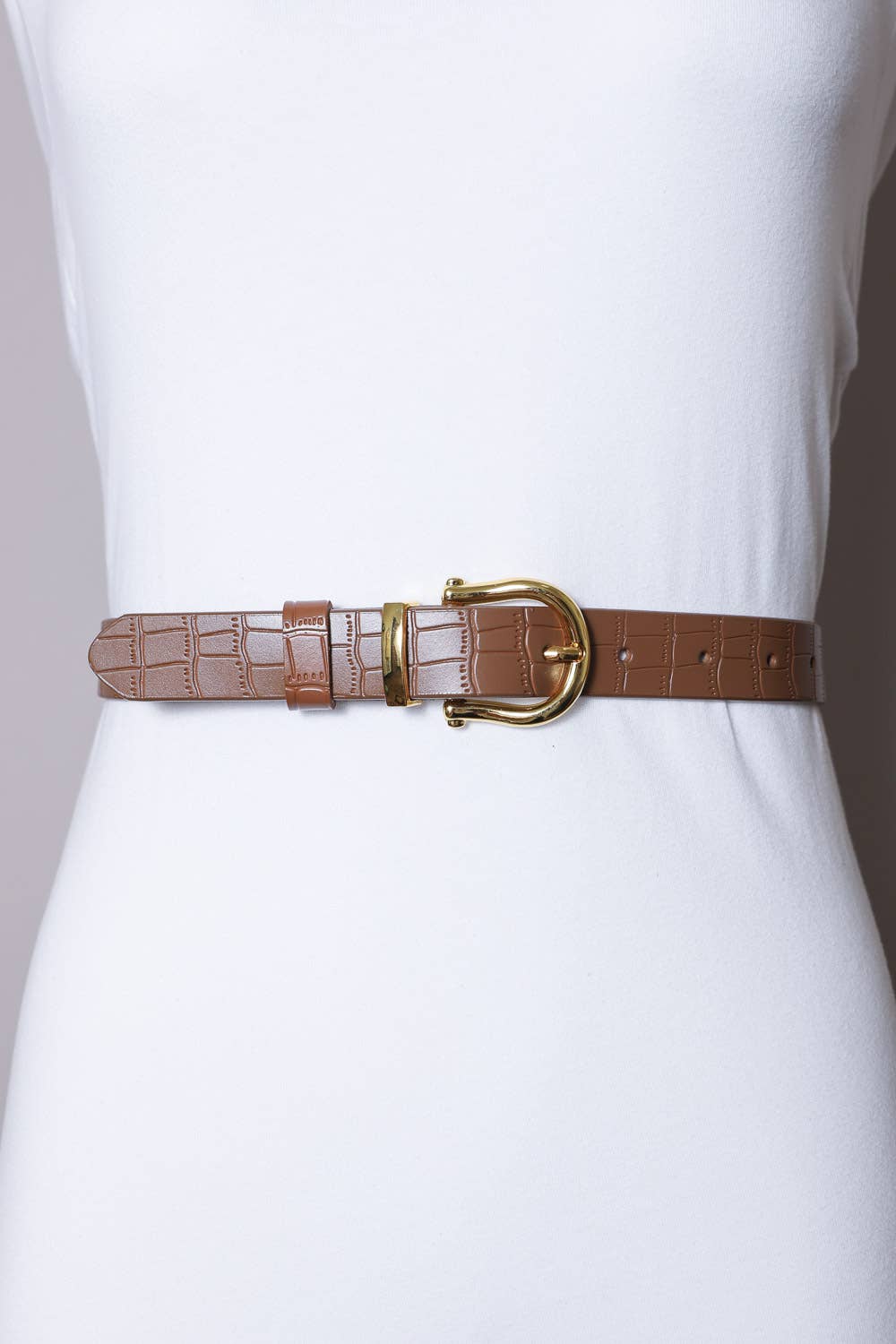 Faux Alligator Skin Leather Belt - Brown
