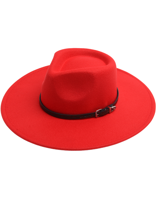 Women's Vegan Felt Rancher Hat with Floral Band Belt Band: Red
