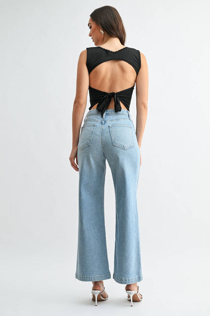 Cargo Pocket Wide Leg Denim - Light Wash - KJ Clothier
