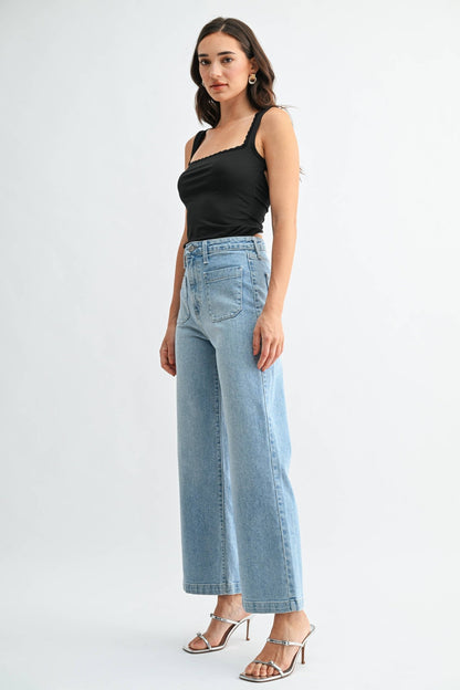Cargo Pocket Wide Leg Denim - Light Wash - KJ Clothier