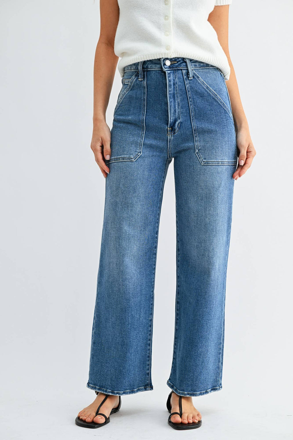 Cargo Pocket Wide Leg Denim - Medium Wash - KJ Clothier