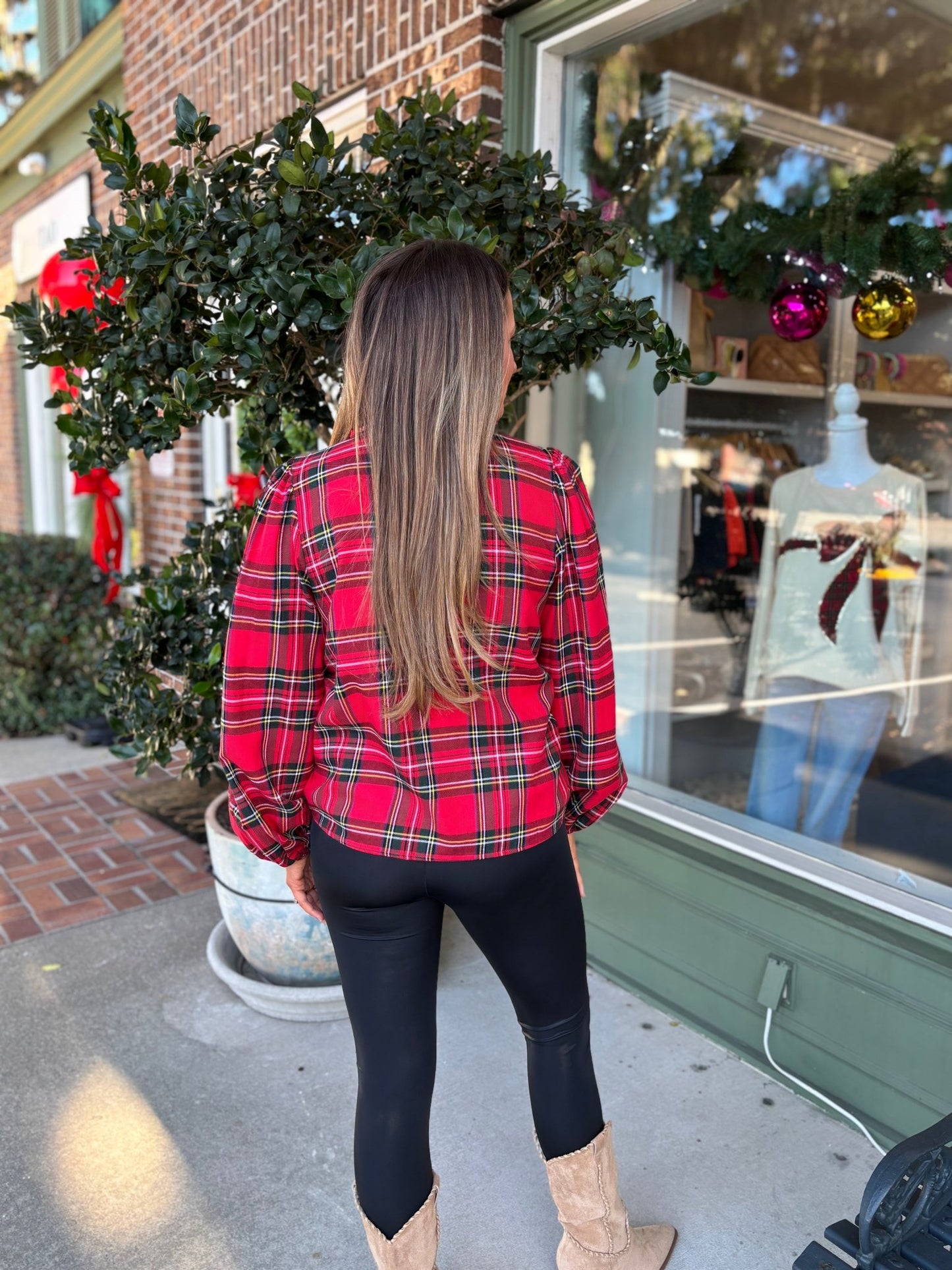 Christmas Plaid Balloon Sleeves Ruffled V - neck Top - Red Plaid - KJ Clothier