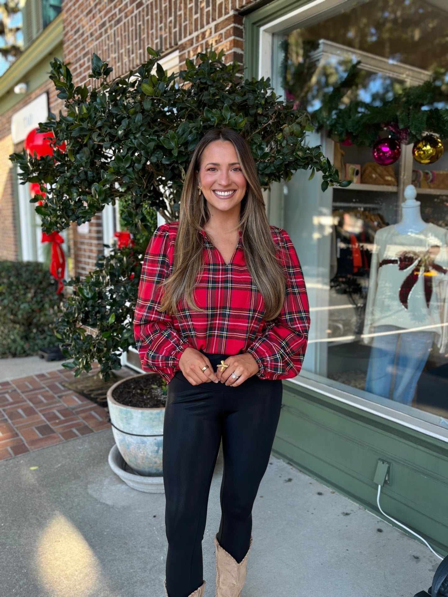 Christmas Plaid Balloon Sleeves Ruffled V - neck Top - Red Plaid - KJ Clothier