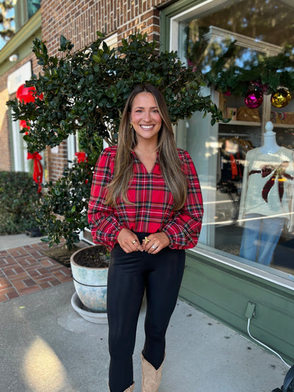Christmas Plaid Balloon Sleeves Ruffled V - neck Top - Red Plaid - KJ Clothier