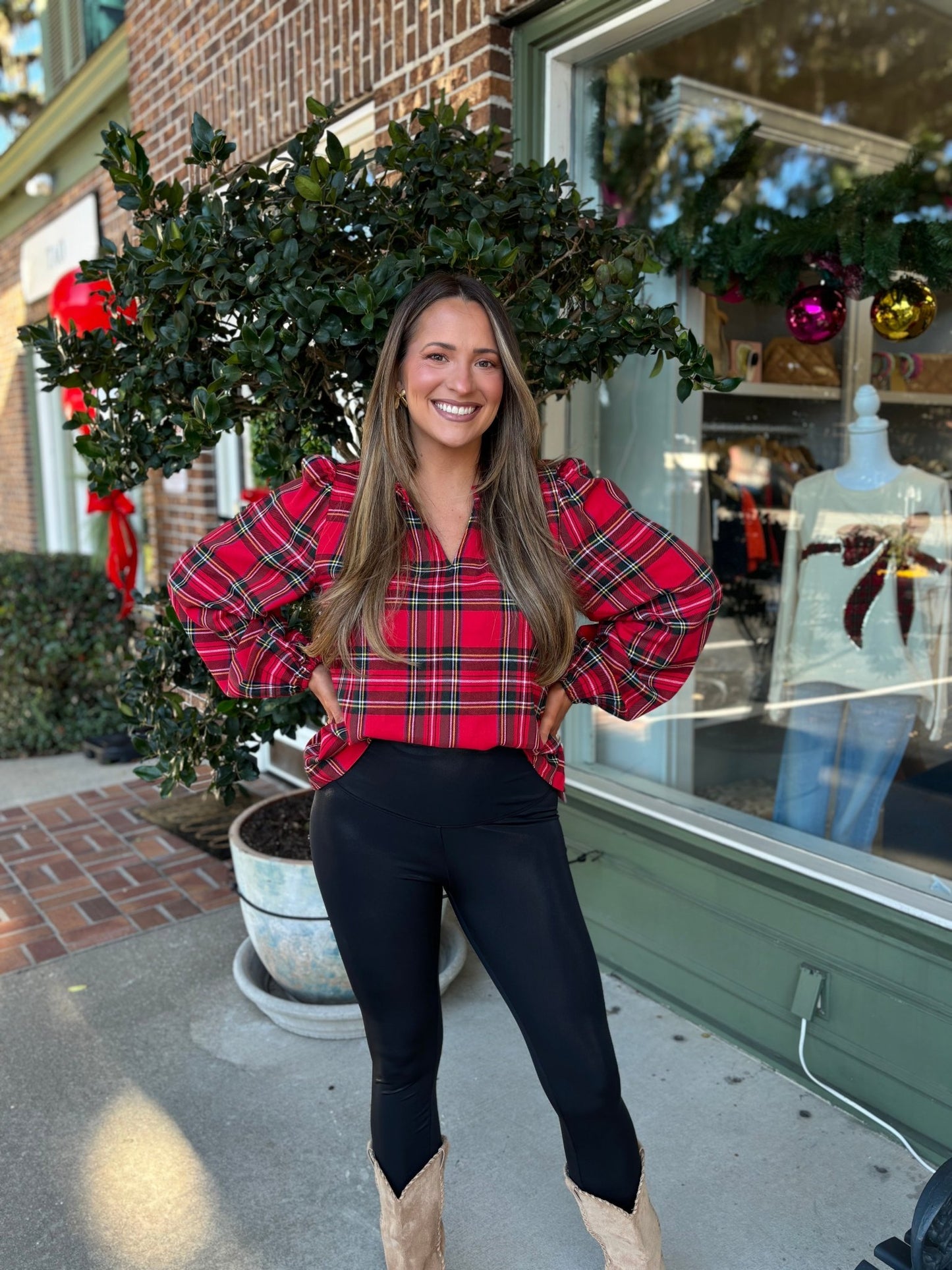 Christmas Plaid Balloon Sleeves Ruffled V - neck Top - Red Plaid - KJ Clothier