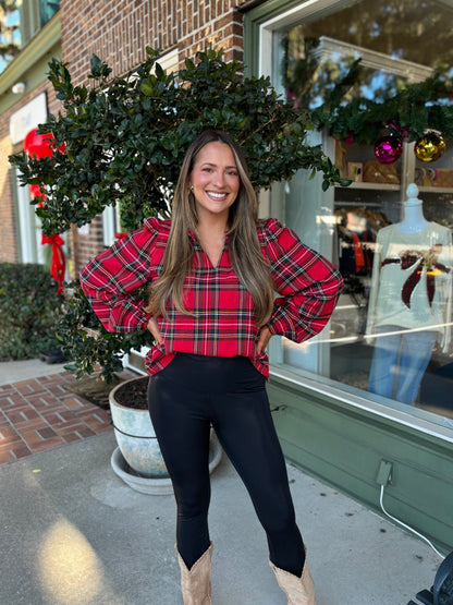 Christmas Plaid Balloon Sleeves Ruffled V - neck Top - Red Plaid - KJ Clothier