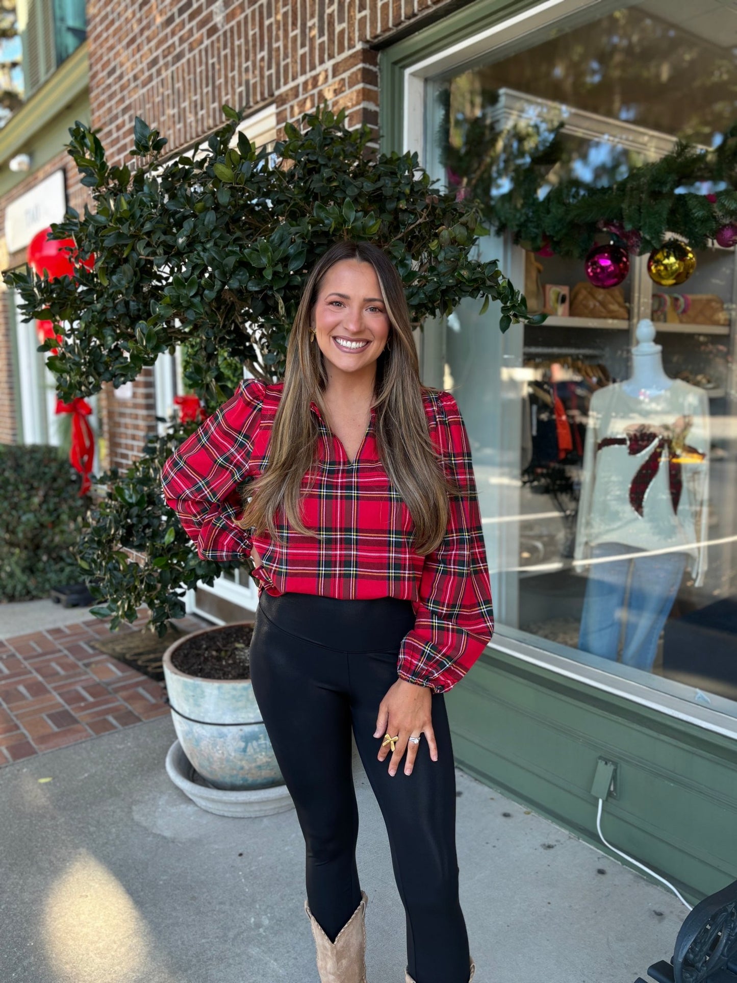 Christmas Plaid Balloon Sleeves Ruffled V - neck Top - Red Plaid - KJ Clothier