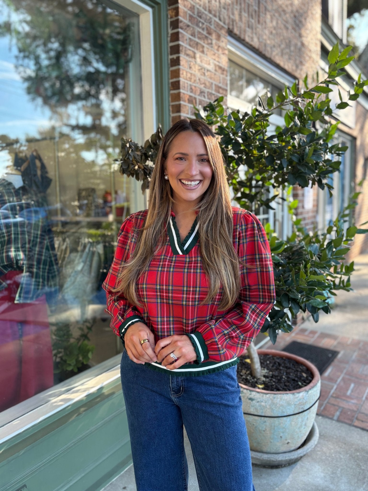 Christmas Plaid V Neck Collared Top With Ruffled - Red Plaid - KJ Clothier