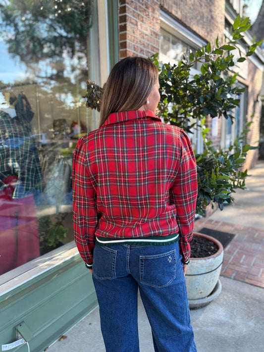 Christmas Plaid V Neck Collared Top With Ruffled - Red Plaid - KJ Clothier