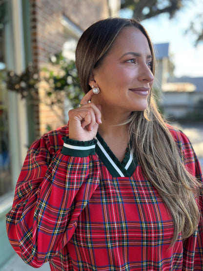 Christmas Plaid V Neck Collared Top With Ruffled - Red Plaid - KJ Clothier