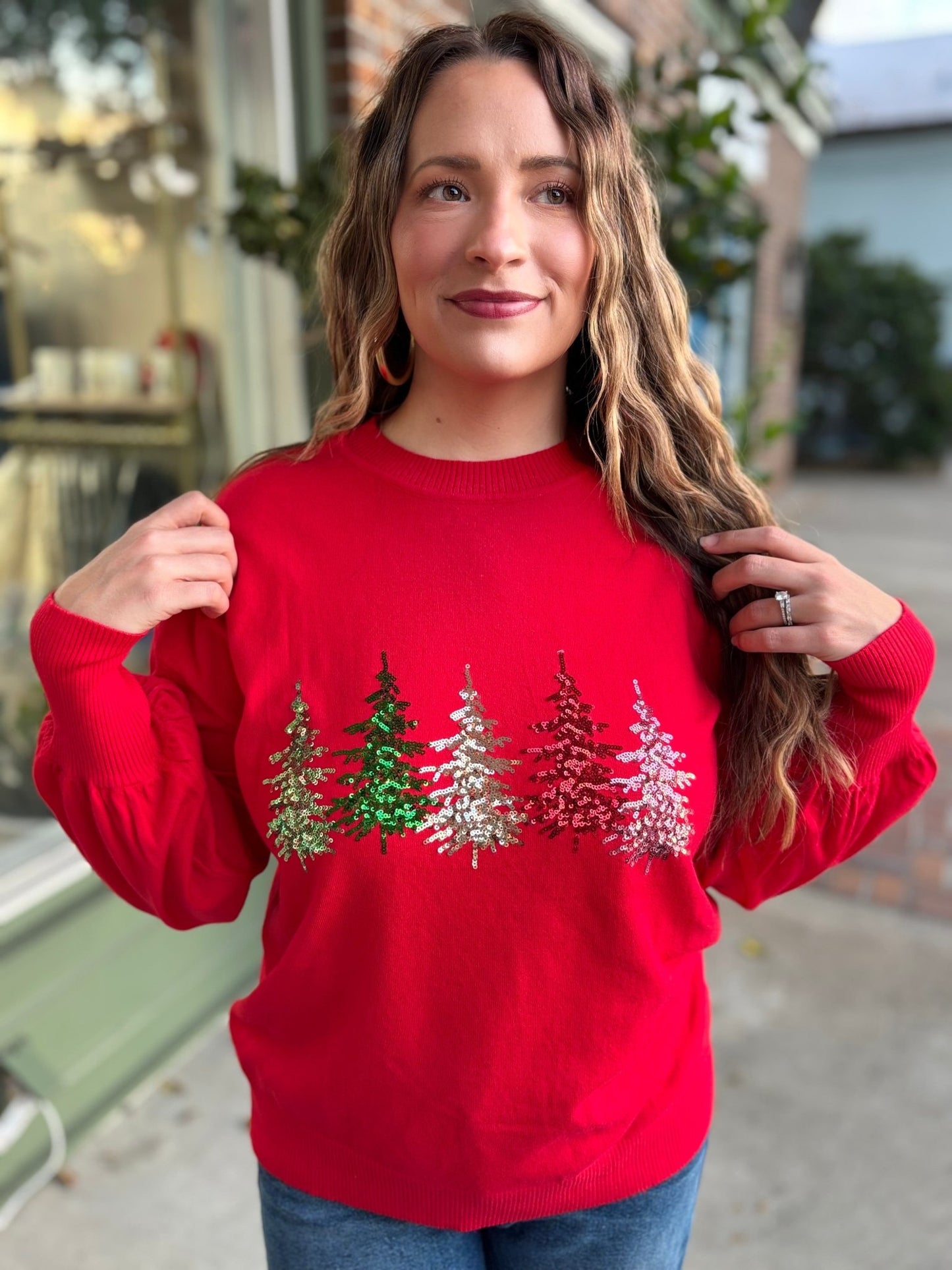Christmas Tree Sequin Detail Knitted Sweater Top - Red - KJ Clothier
