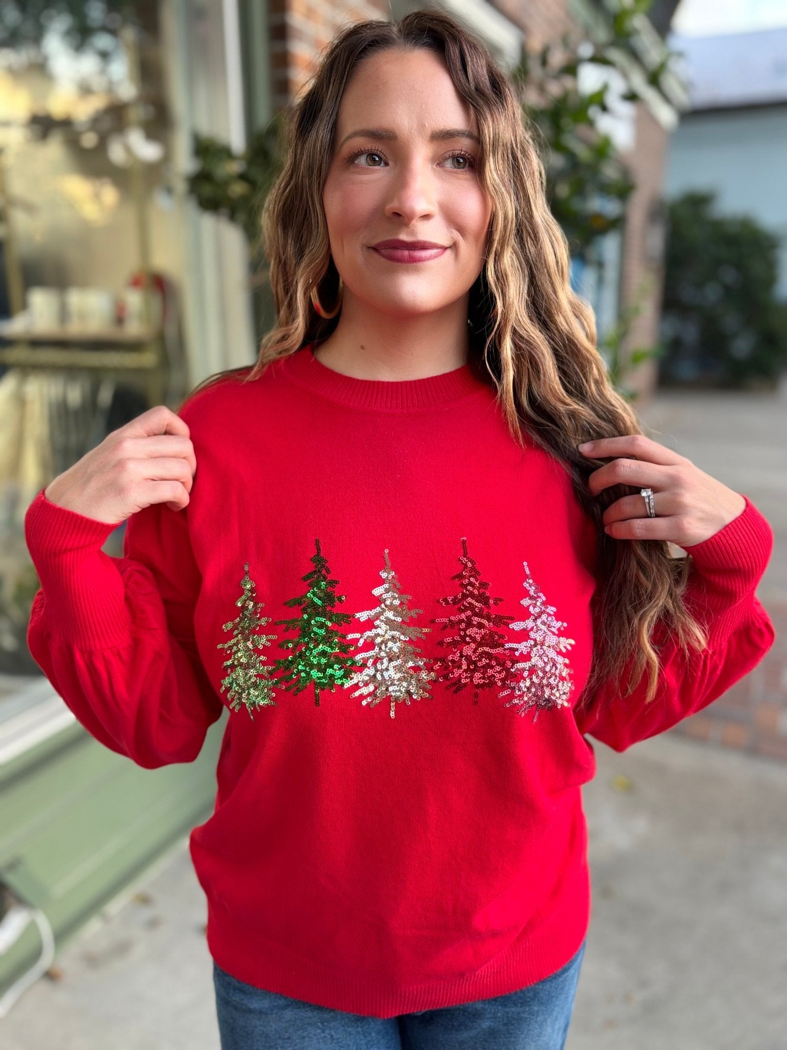Christmas Tree Sequin Detail Knitted Sweater Top - Red - KJ Clothier