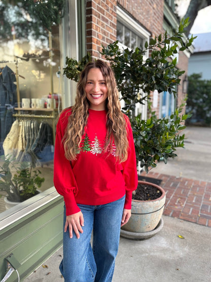 Christmas Tree Sequin Detail Knitted Sweater Top - Red - KJ Clothier