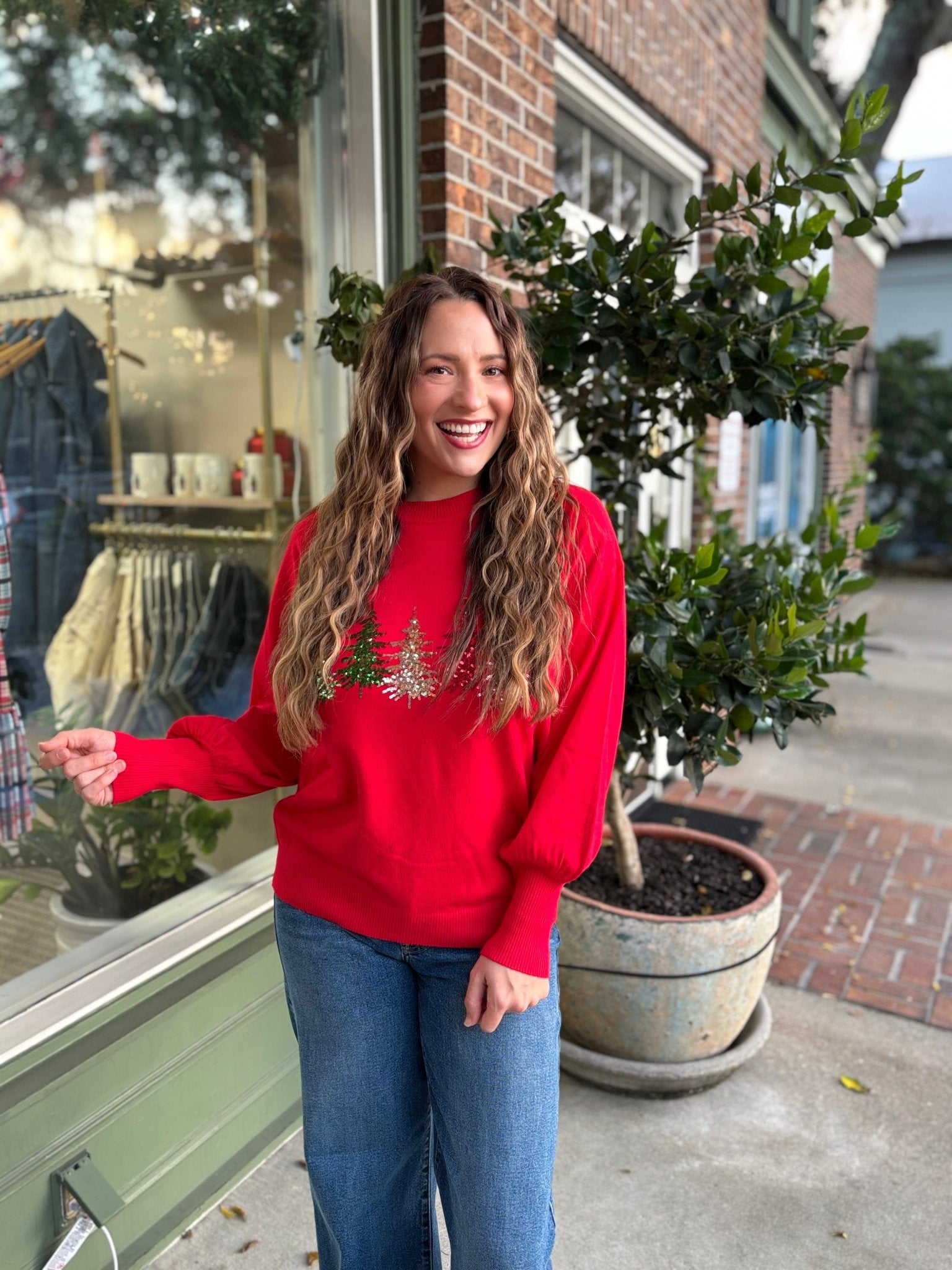 Christmas Tree Sequin Detail Knitted Sweater Top - Red - KJ Clothier