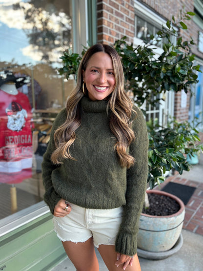 Chunky Cable Knit Sweater - Olive - KJ Clothier