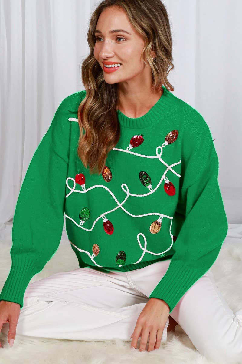 Colorful Christmas - Light Embellishment Cozy Sweater - Green - KJ Clothier