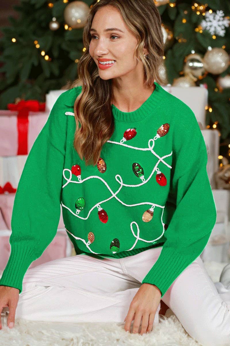 Colorful Christmas - Light Embellishment Cozy Sweater - Green - KJ Clothier